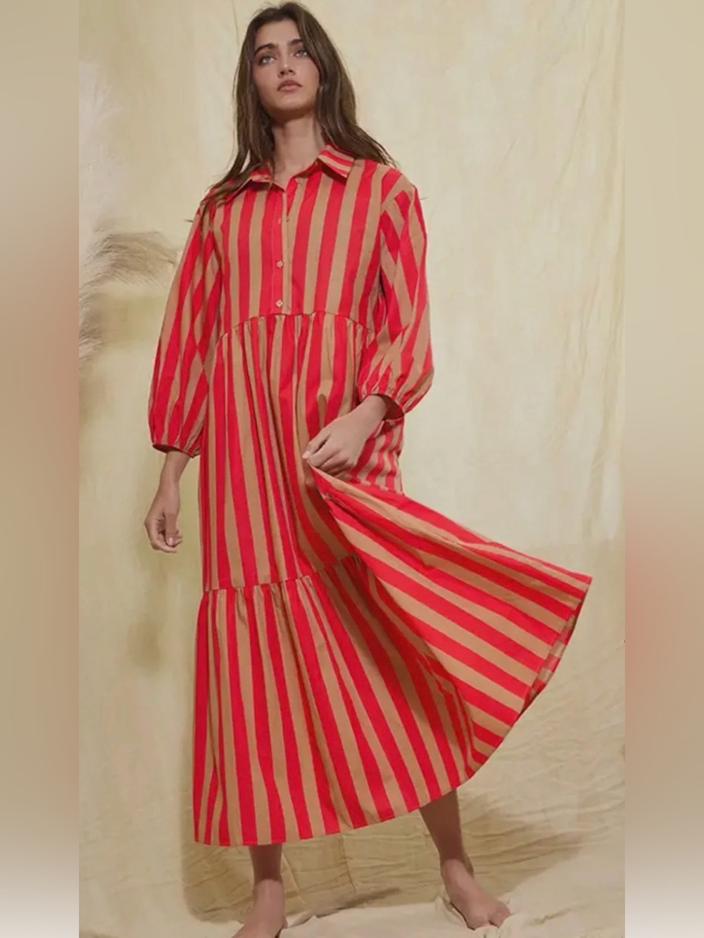 Maeve Betina Tiered Maxi in Red and Tan Stripes